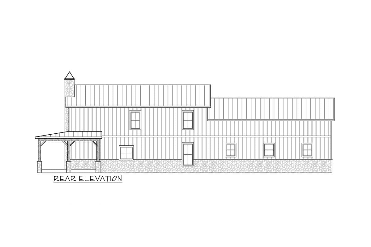 Rear elevation house plan showing a two-story structure with vertical siding, metal roof, stone foundation, and covered porch.
