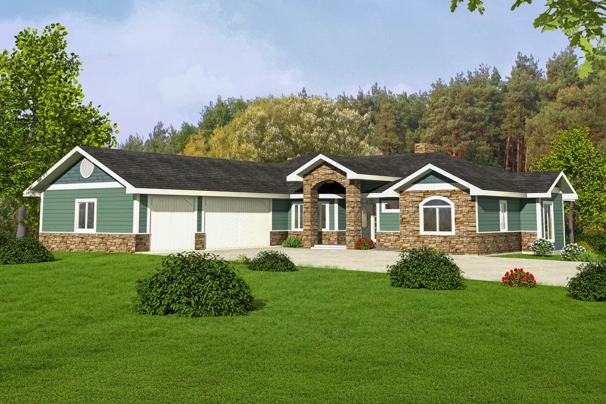 A rendered illustration of a ranch-style house with green siding, stone accents, and a long driveway. Lush green lawn and trees surround the home.