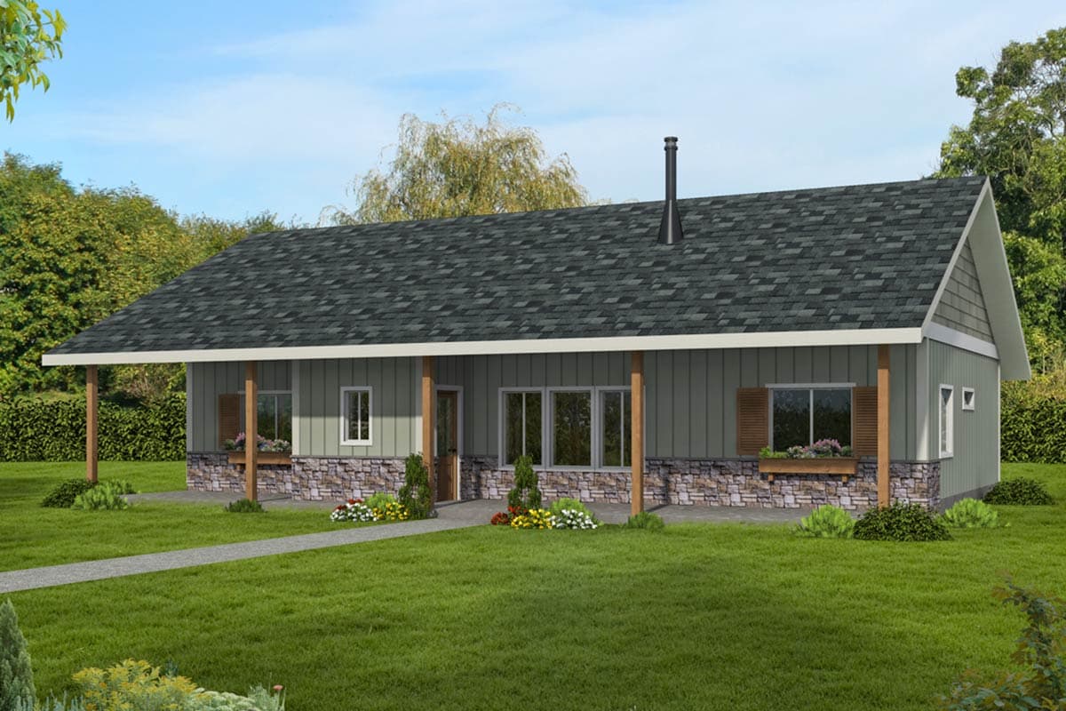 House plan exterior with a single story, front porch with columns, a stone veneer base, and a gable roofline.