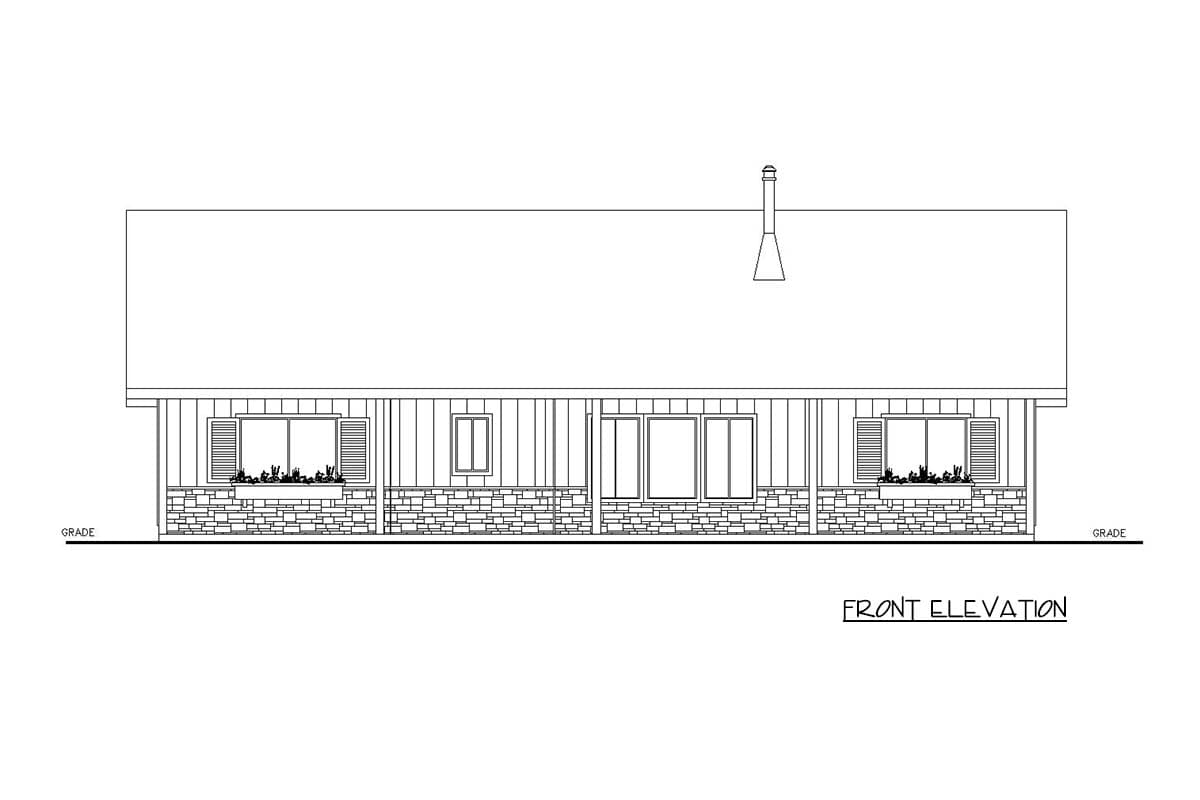 Front elevation of a one-story house plan with horizontal siding, stone base, and a prominent chimney.