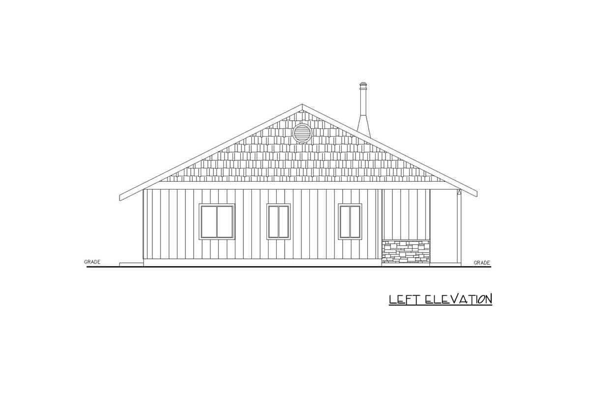 Left elevation house plan: single-story, gabled roof with shingles, three windows, covered porch with stone base, and chimney.