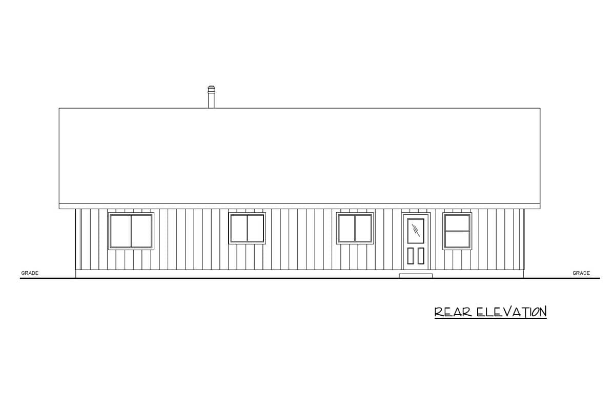 Rear elevation drawing of a house plan with four windows and a central door.