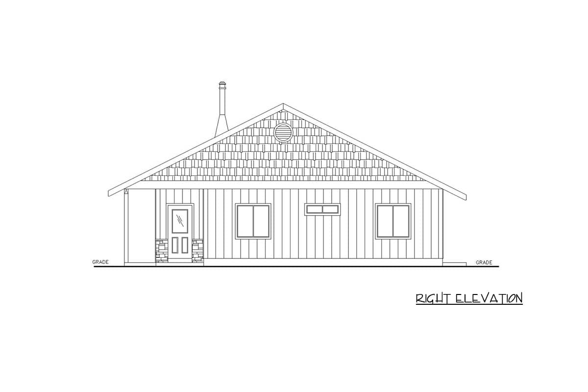 Right elevation house plan showing a single-story building with a shed roof, entry porch, dormer window, and chimney.