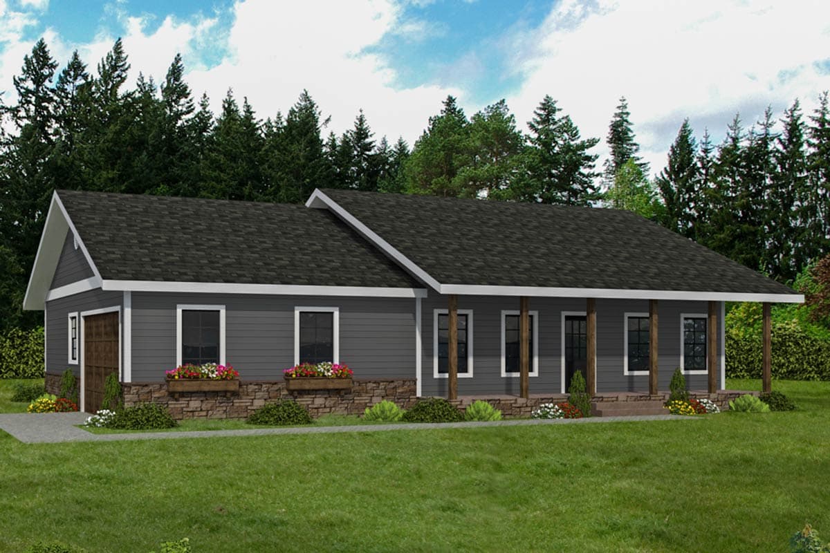 A modern, single-story house with dark gray siding, a stone base, and a covered porch. Flower boxes adorn the windows, and trees fill the background.
