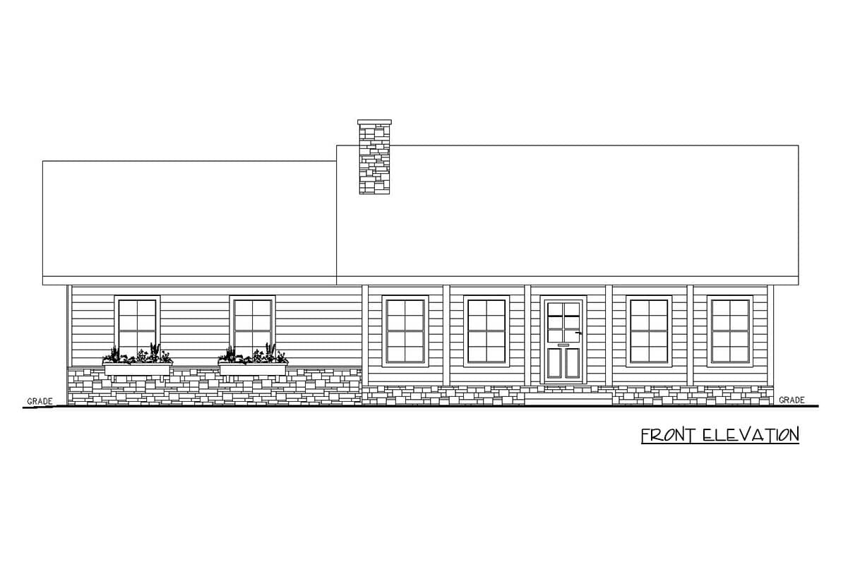Front elevation drawing of a house plan, showing a single story with a gabled roof, chimney, and multiple windows.
