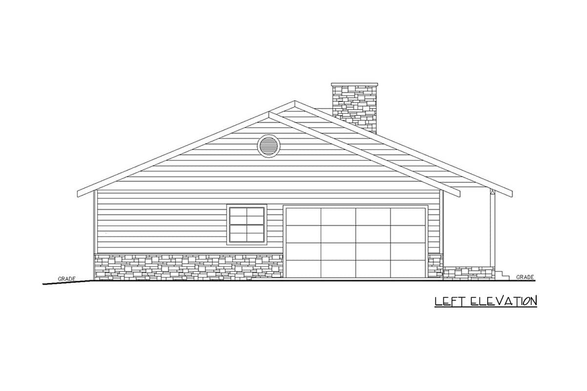 Left elevation house plan showing a single-story structure with a large garage, stone foundation, gabled roof, and chimney.