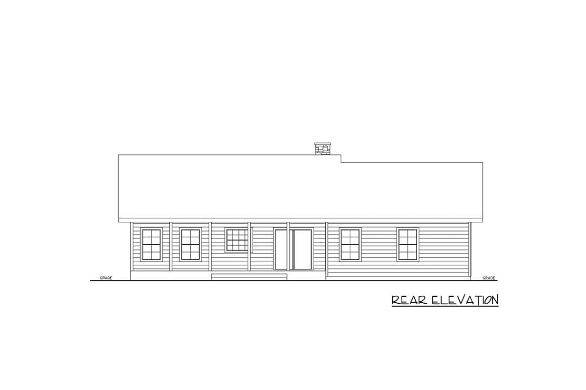 Rear elevation house plan showing a single-story home with horizontal siding, a pitched roof, a chimney, and multiple windows.
