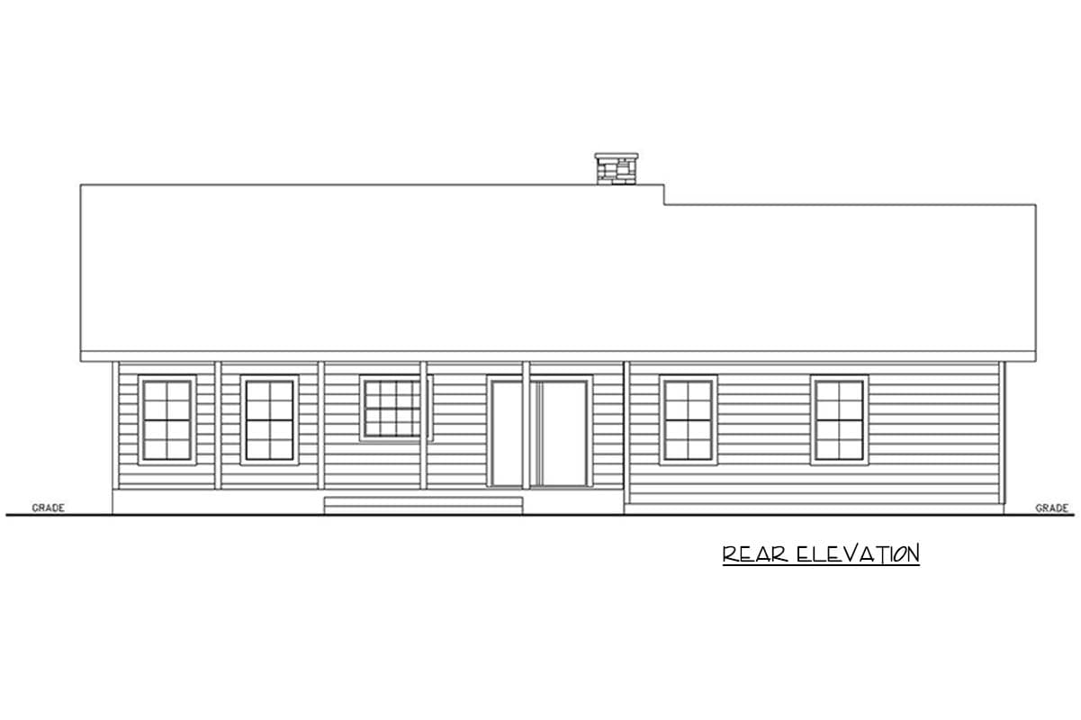 Rear elevation drawing of a one-story house plan with horizontal siding, multiple windows, and a centered double door.