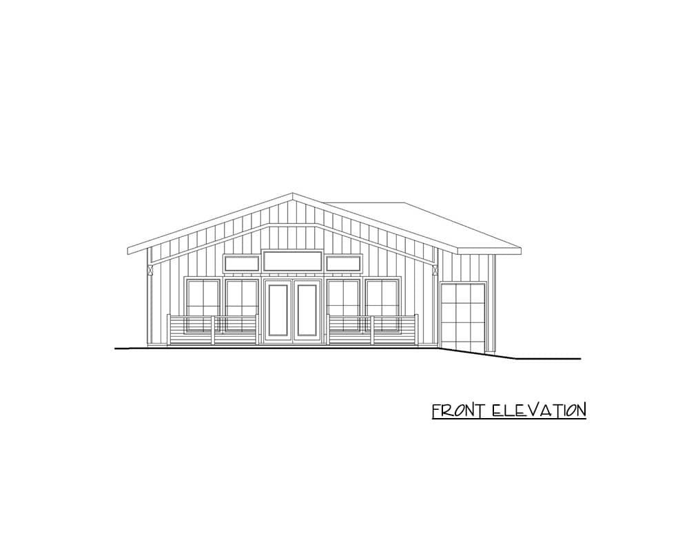 Front elevation house plan with wide porch, central double doors, flanking windows, and one-car garage.