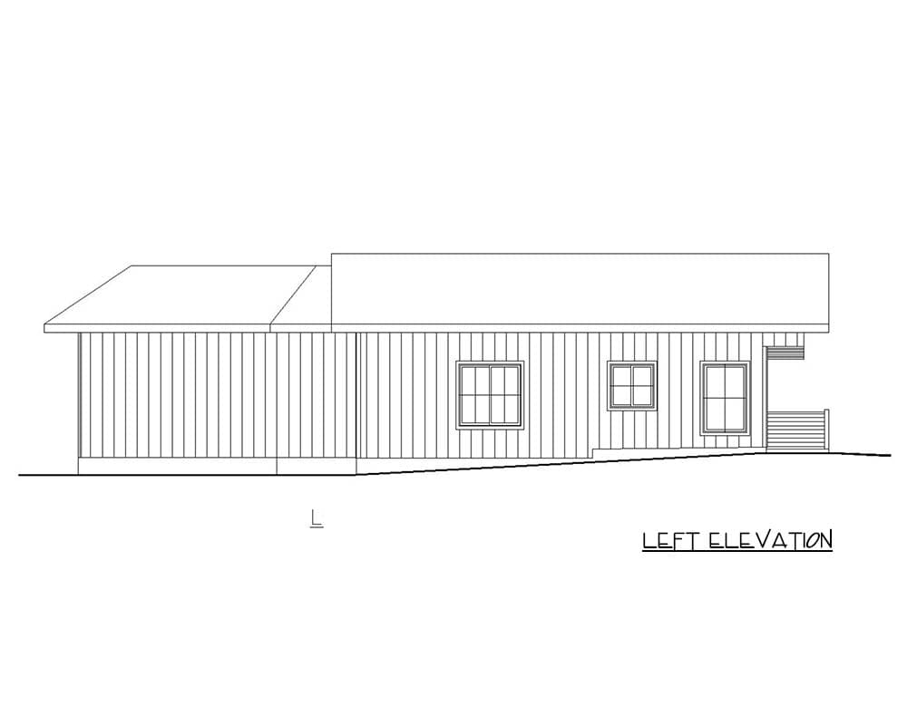 Left elevation house plan drawing showing a single-story home with siding, multiple windows, and a small porch.