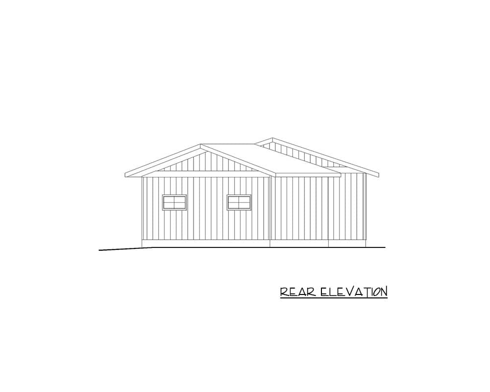 Rear elevation drawing of a single-story house plan with vertical siding and two rectangular windows.