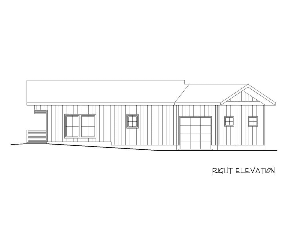 Right elevation house plan for a one-story home with a covered entry, garage, and gabled dormer.