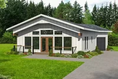 Contemporary Ranch Plan with Angled Garage and Workshop