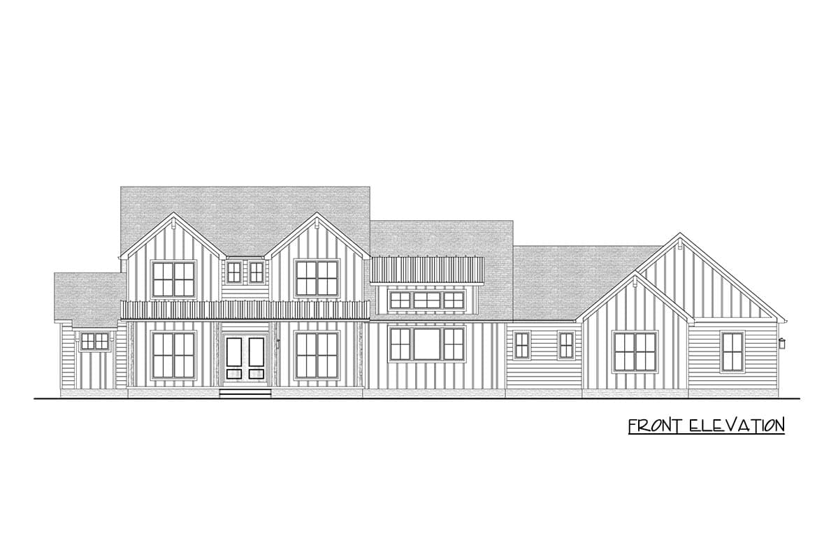 Line drawing of a house front elevation. It features a gabled roof, multiple windows, a porch, and vertical siding, labeled with 'Front Elevation'.