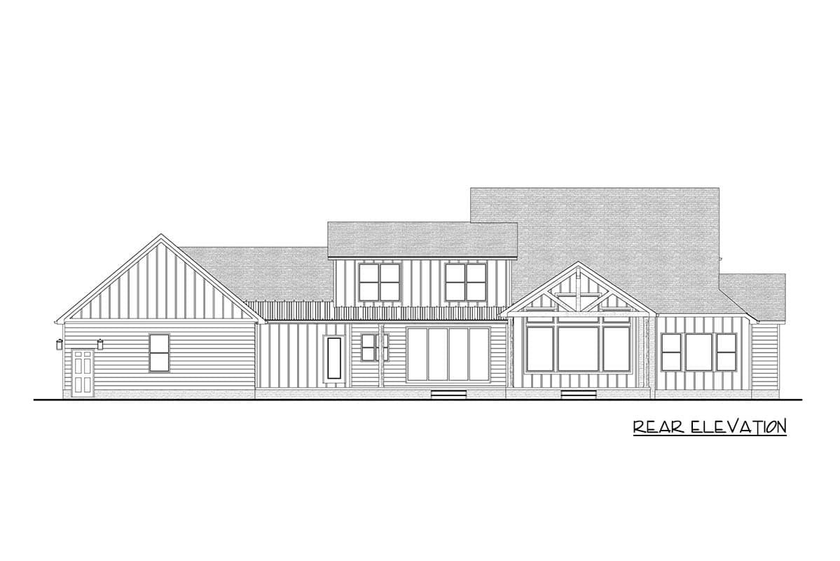 Architectural rear elevation rendering of a house, showcasing the back view. The design features multiple rooflines, windows, and exterior details.