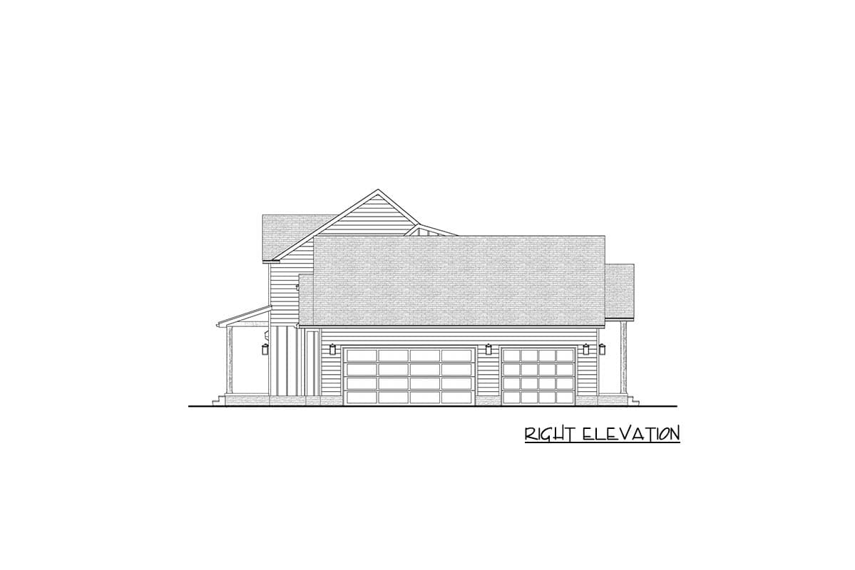 Architectural drawing of a two-story house with a garage. The right elevation view shows the structure's side, roof details, and garage doors.