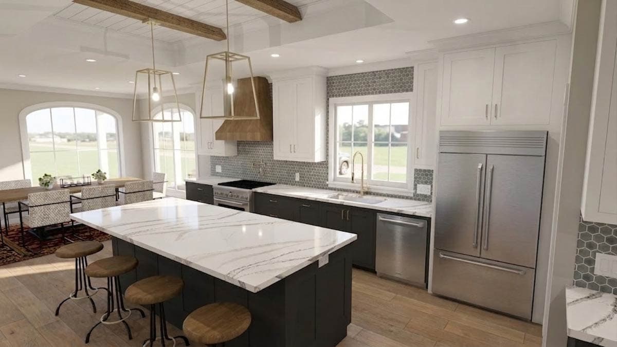 Open-concept kitchen with island, white cabinets, dark base cabinets, range, dishwasher, and adjacent dining area with large arched windows.