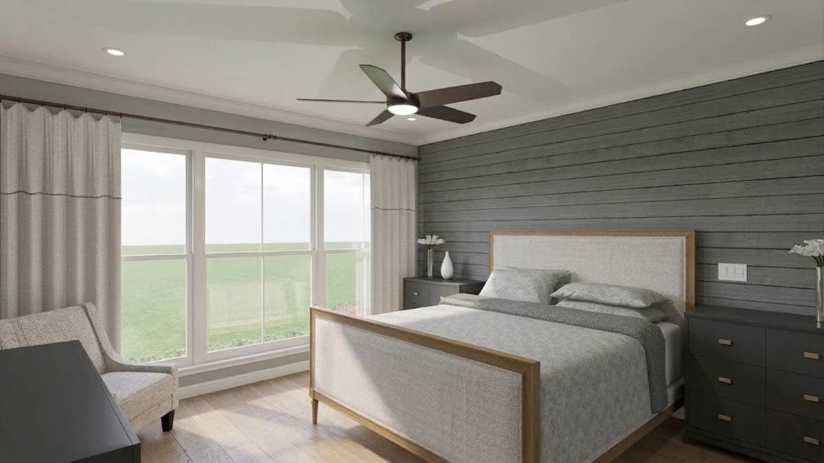 Interior rendering of a bedroom with shiplap walls, a queen bed, large windows, and a ceiling fan.