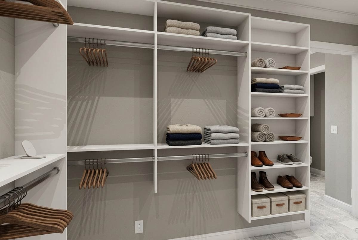 Walk-in closet interior with open shelving, hanging rods, and shoe storage. Includes folded sweaters and towels.