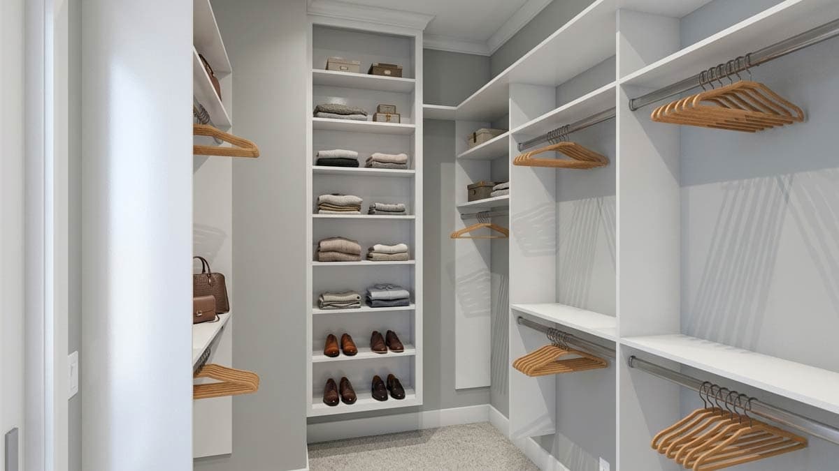 Walk-in closet with floor-to-ceiling shelving and clothing rods. Includes shoe shelves and handbag storage.
