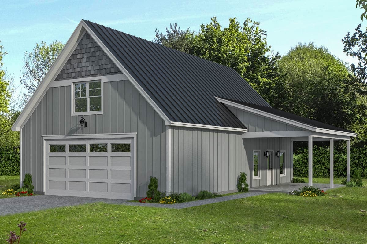 House plan exterior with board and batten siding, metal roof, and attached porch. Features include a gable roof and a two-car garage.