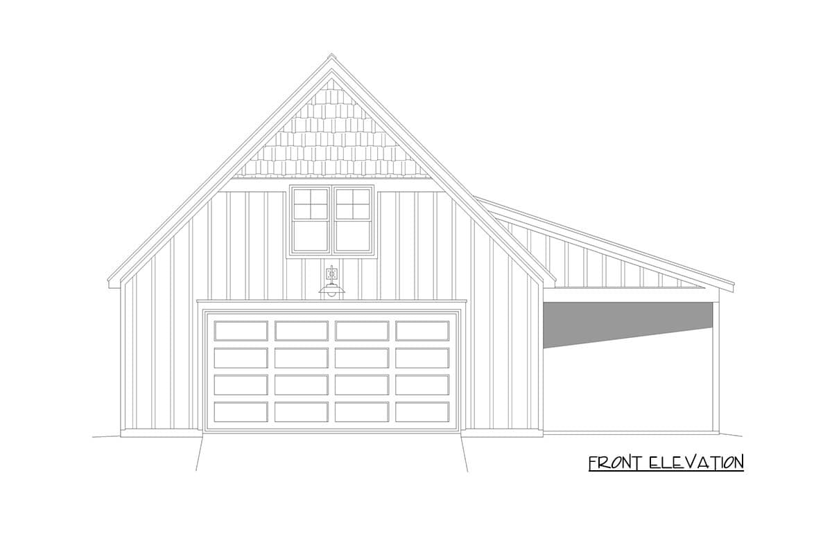 Front elevation drawing of a house plan featuring board-and-batten siding, a gable with decorative shingles, a window, and a multi-panel garage door.