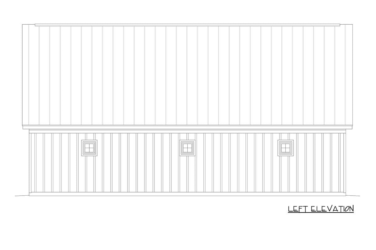 Left elevation drawing of a house plan with vertical siding and three small square windows.