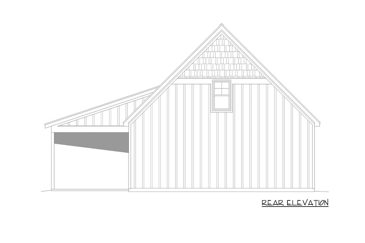 Rear elevation drawing shows a gabled roofline with shingle detailing, vertical siding, and an attached covered porch.