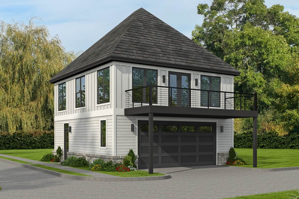 House plan exterior with two stories. Features include a modern style, balcony, garage, and gabled roofline.