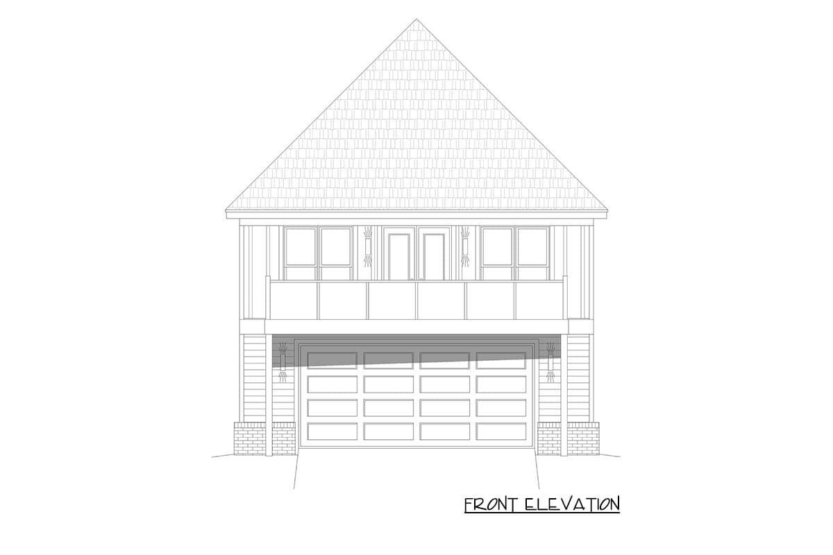 Front elevation drawing of a two-story house plan with a two-car garage, second-story balcony, and gabled roof.