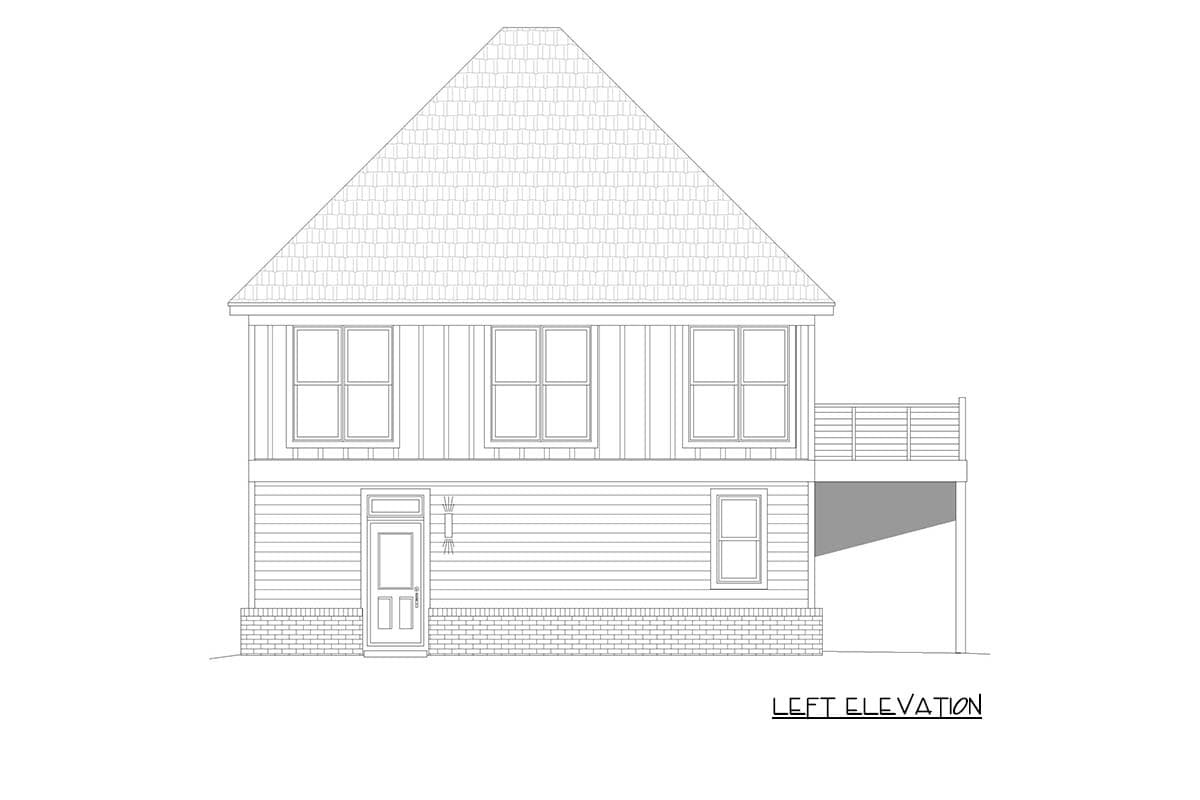 House plan left elevation with shingled gable roof, siding, brick foundation, front door, and deck.