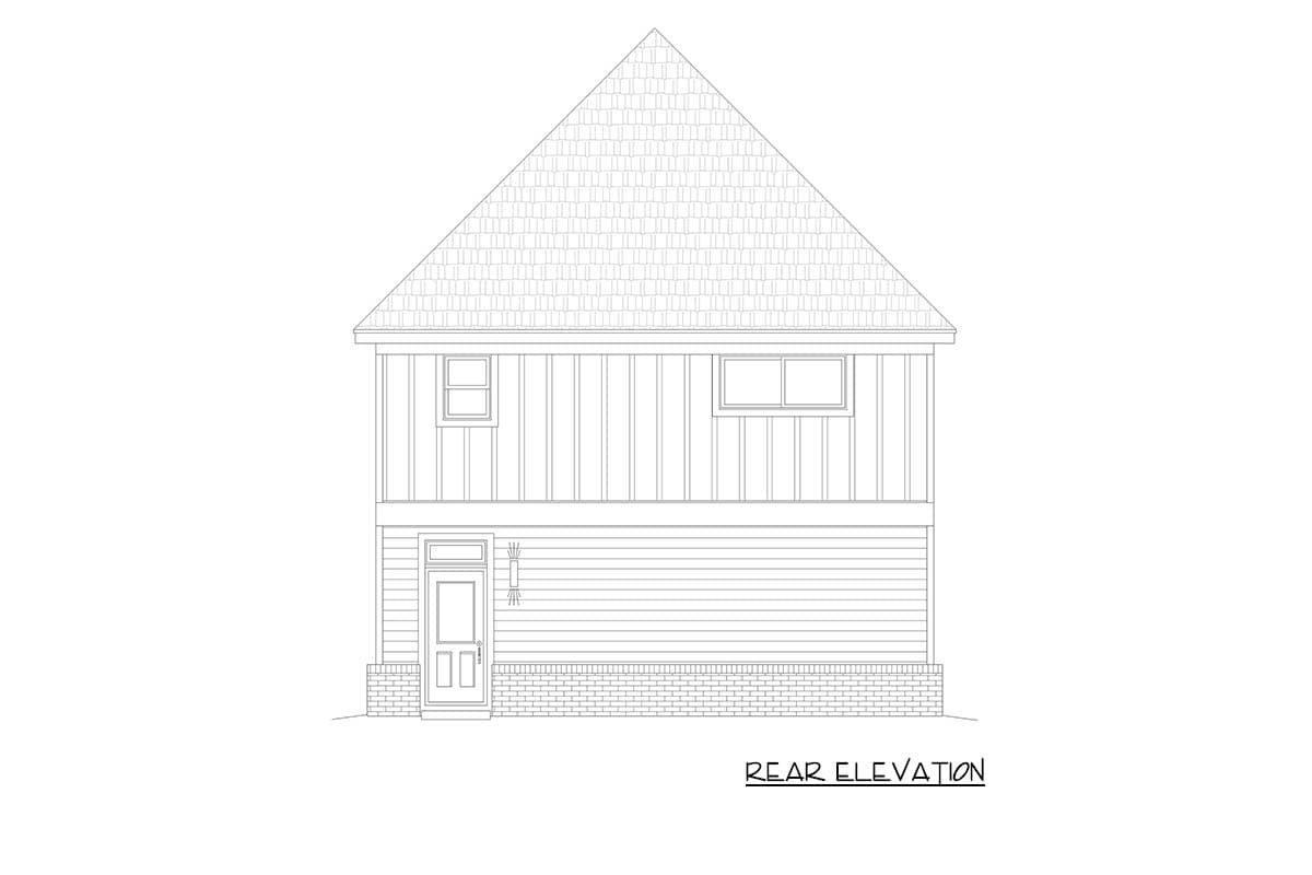 Rear elevation drawing of a two-story house with a prominent gable roof, horizontal siding, and a central door with brick base.