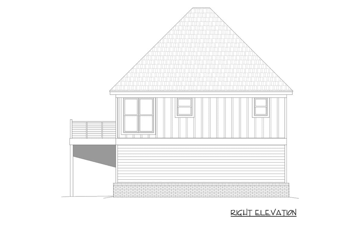 Right elevation drawing of a house plan featuring a sloped roof, multiple windows, a deck, and horizontal siding.