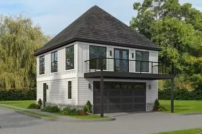 Modern Carriage ADU Plan with 2-Car Garage and Balcony