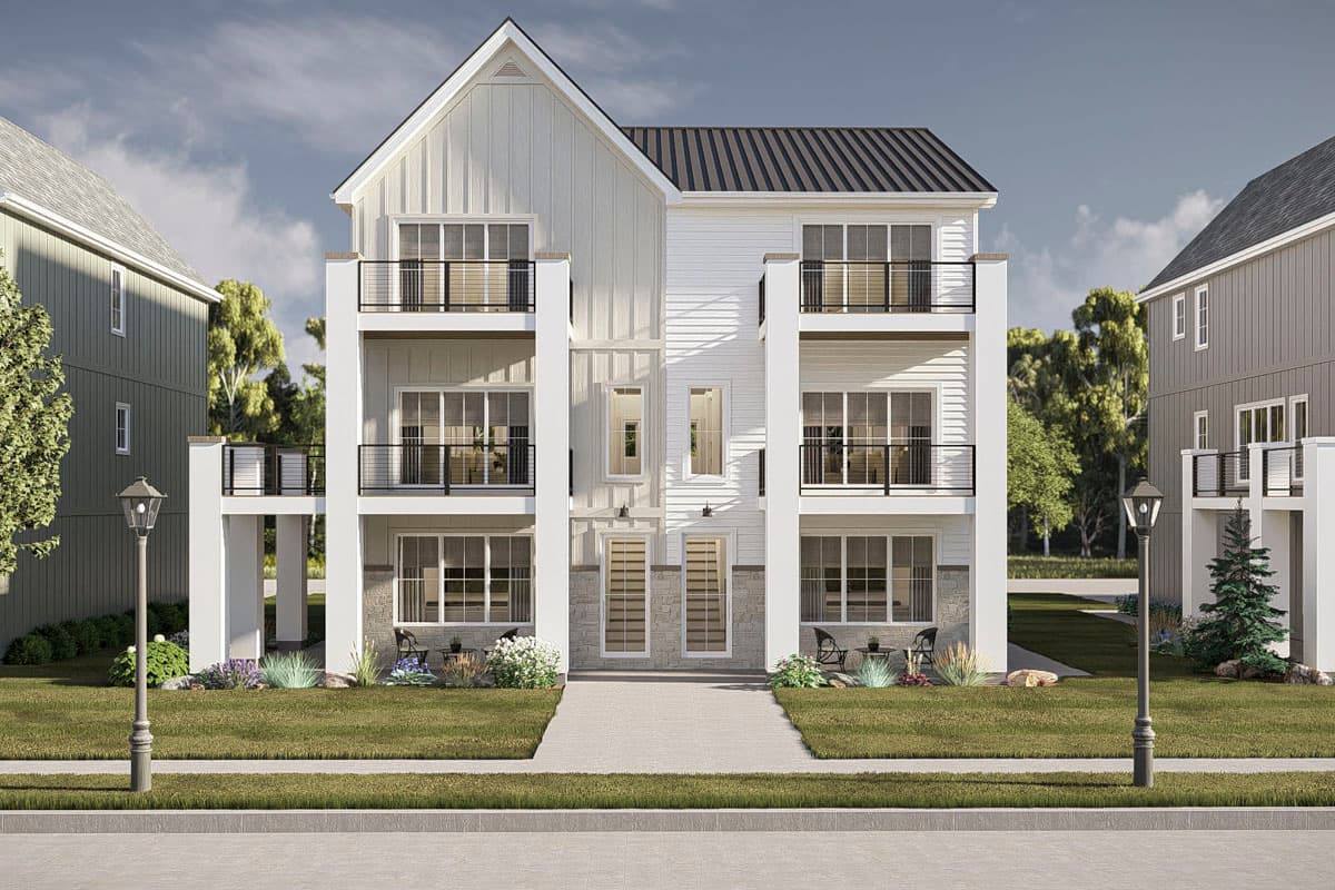 House plan exterior with modern style, two stories, and balconies on each level. Features include a gabled roof and board-and-batten siding.