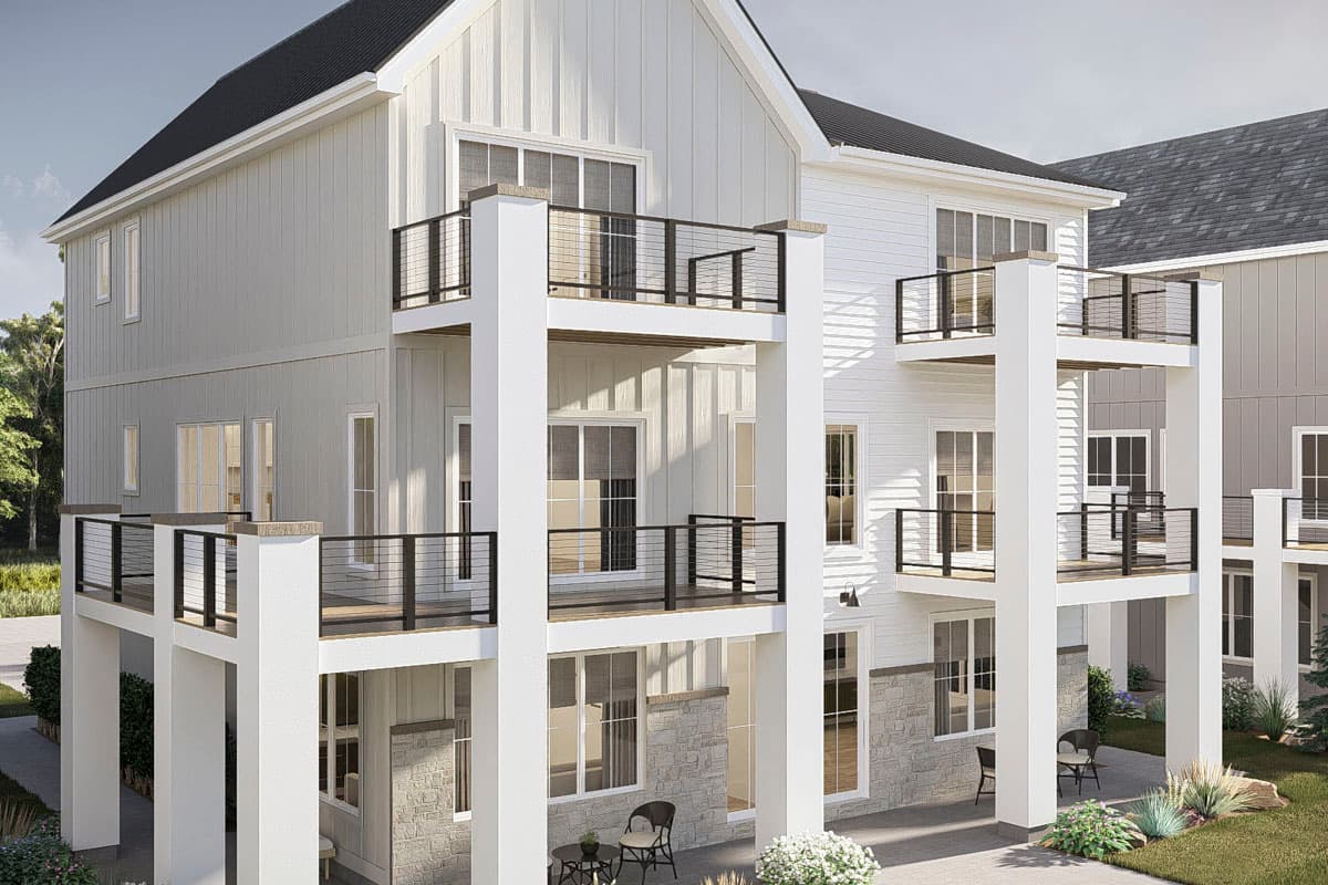 House plan exterior: Modern style with vertical siding, multiple balconies with cable railings, and stone accents.