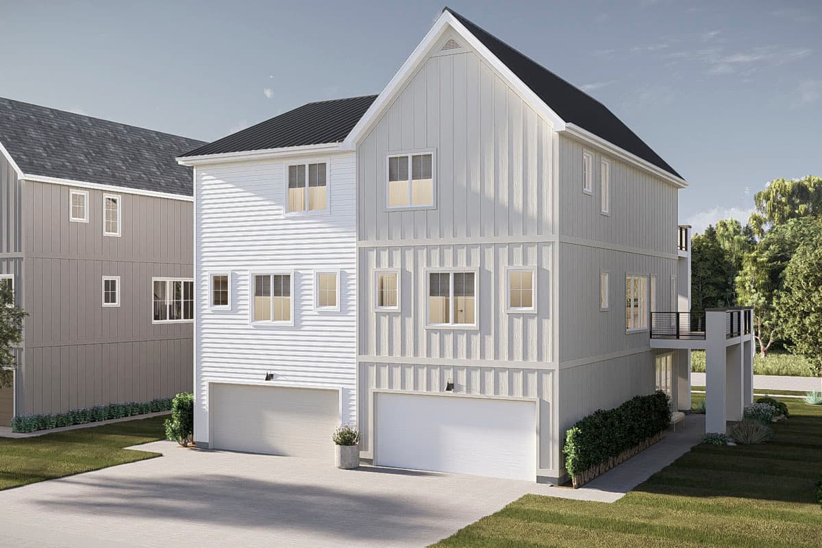 Modern Farmhouse style house plan exterior with two stories, board and batten siding, and two garage bays.