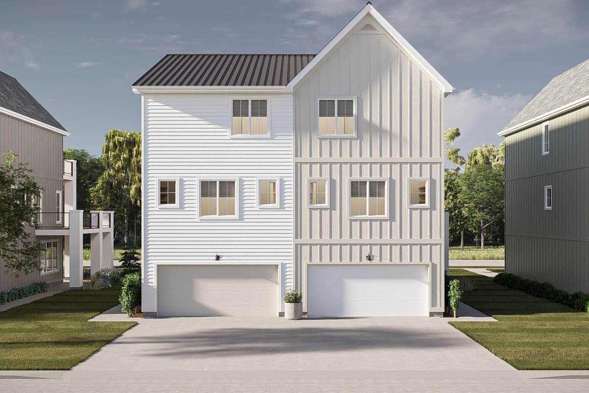 House plan exterior of two-story modern farmhouse with board and batten siding, horizontal siding, and double garage doors.