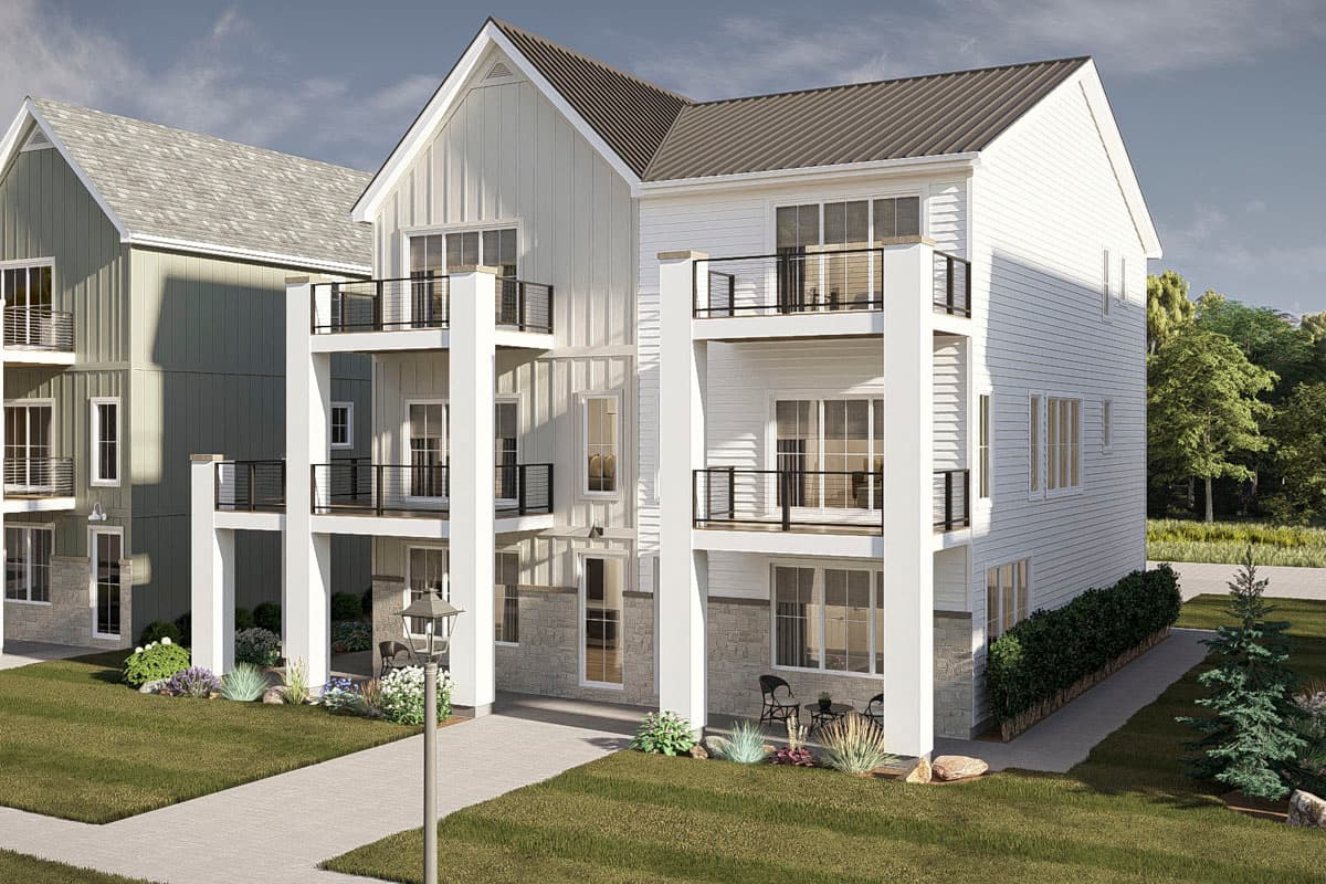 Modern farmhouse house plan exterior with white vertical siding, stone base, multiple balconies, and gabled rooflines.