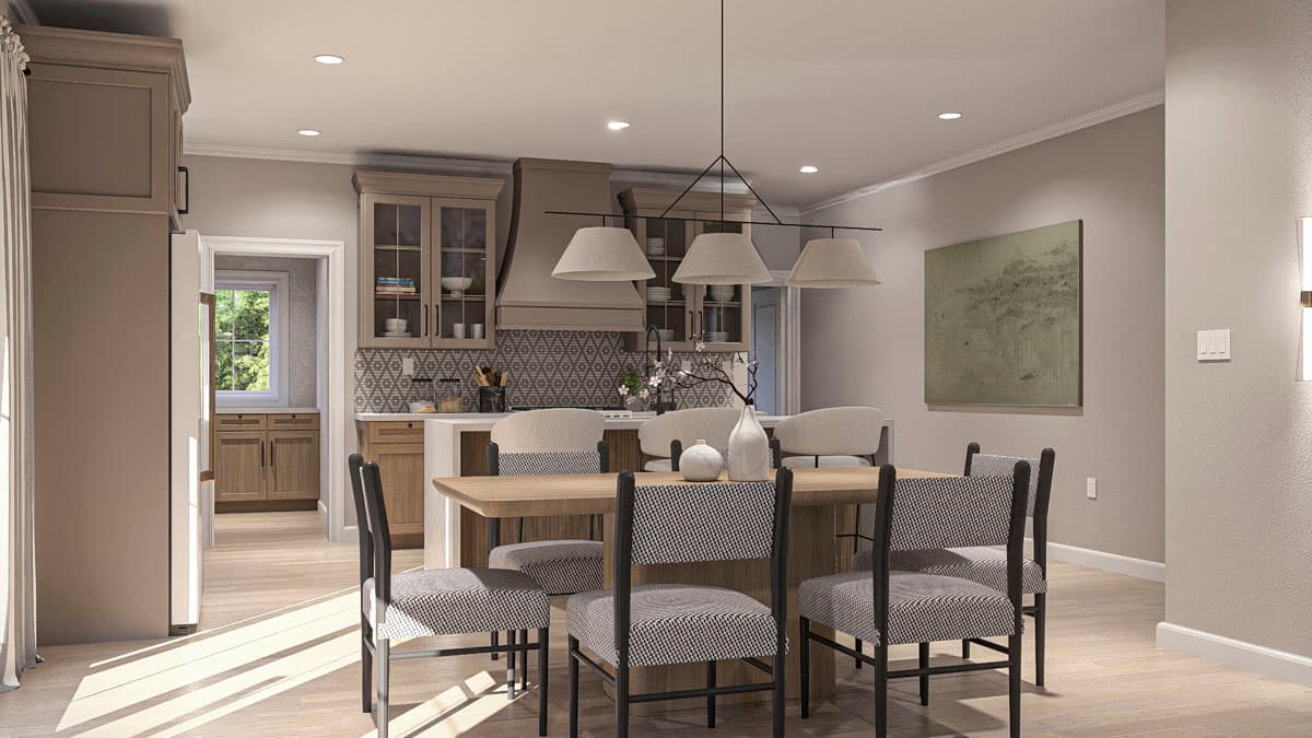 Kitchen and dining area rendering with island, pendant lights, and view into pantry with window.