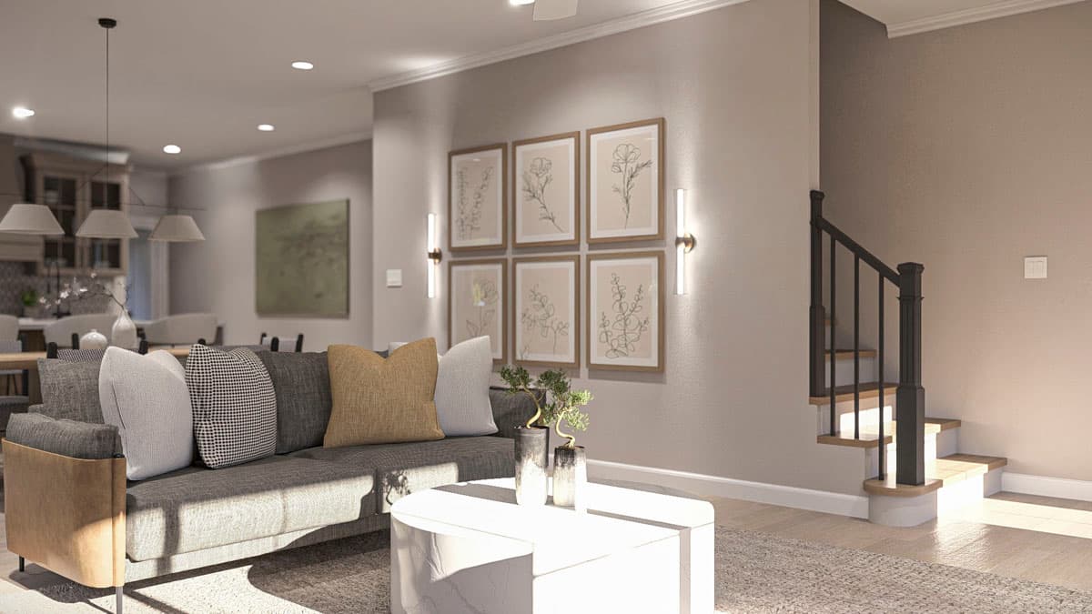 Interior rendering of a living room with sofa, coffee table, staircase with black railing, and botanical art on wall.