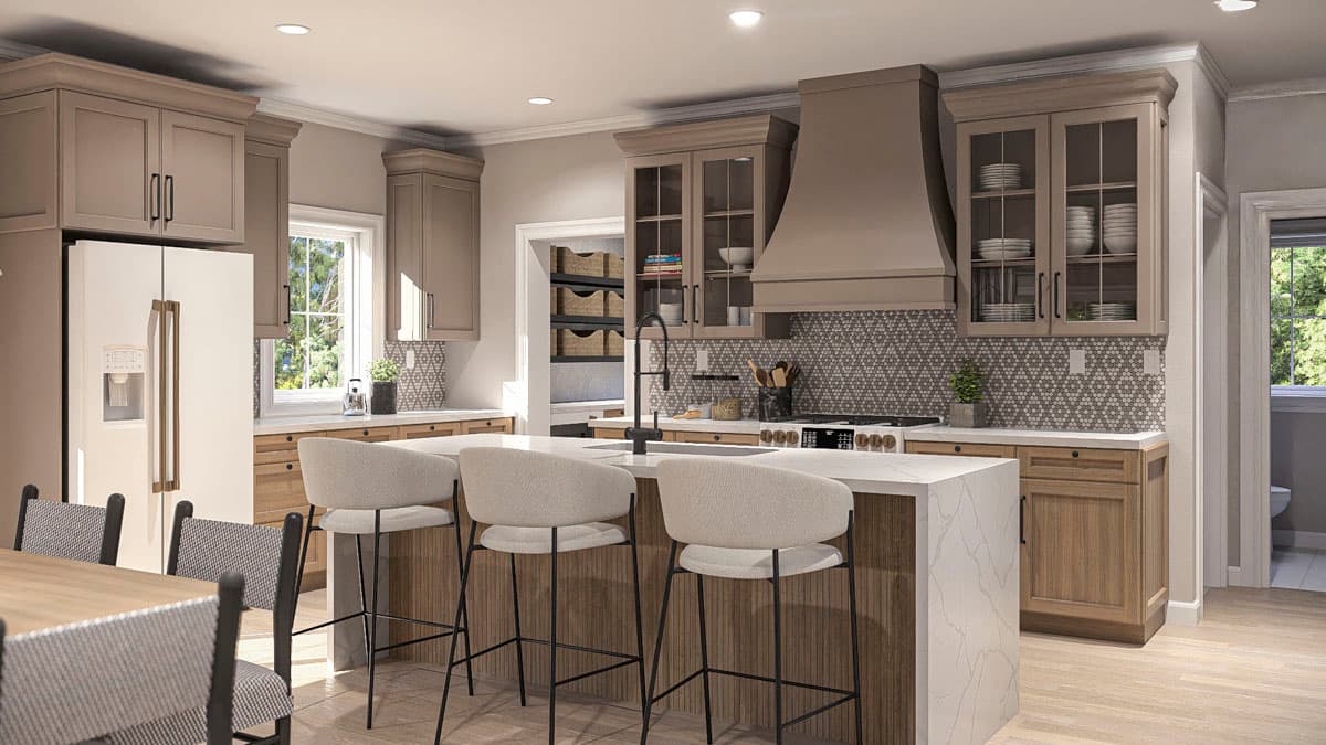 Kitchen with island, wood cabinets, beige shaker cabinets, pendant lights, and tiled backsplash.