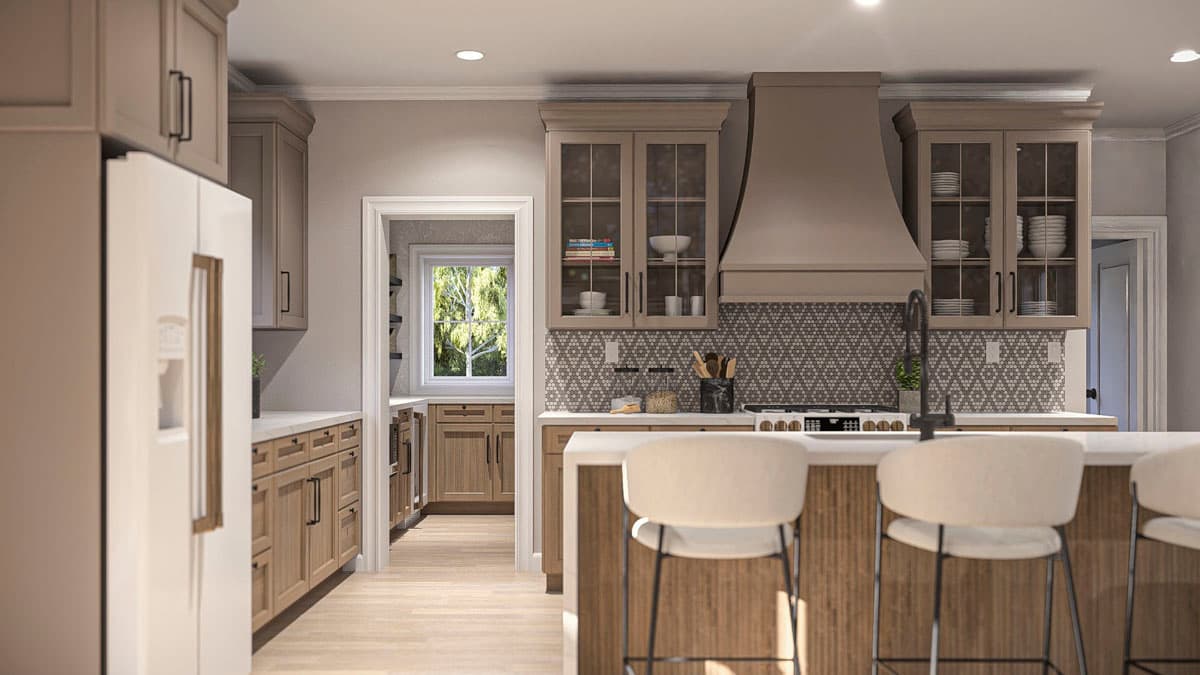 Kitchen rendering with island, cafe-style cabinetry, tile backsplash, and view into adjacent pantry.