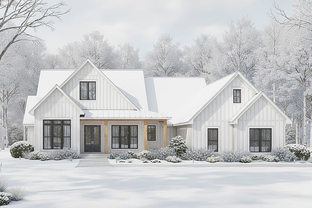 A modern, white farmhouse covered in snow, surrounded by snow-covered trees. Black framed windows and a wooden porch accent the crisp winter scene.