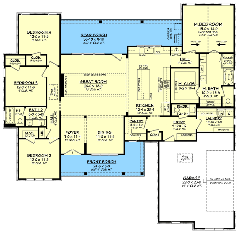 Plan 52020HZ: Elegant 4-Bedroom Modern Farmhouse House Plan with Outdoor Kitchen - Floor Plan - Main Level - Country, Farmhouse, Modern Farmhouse, New American, Traditional