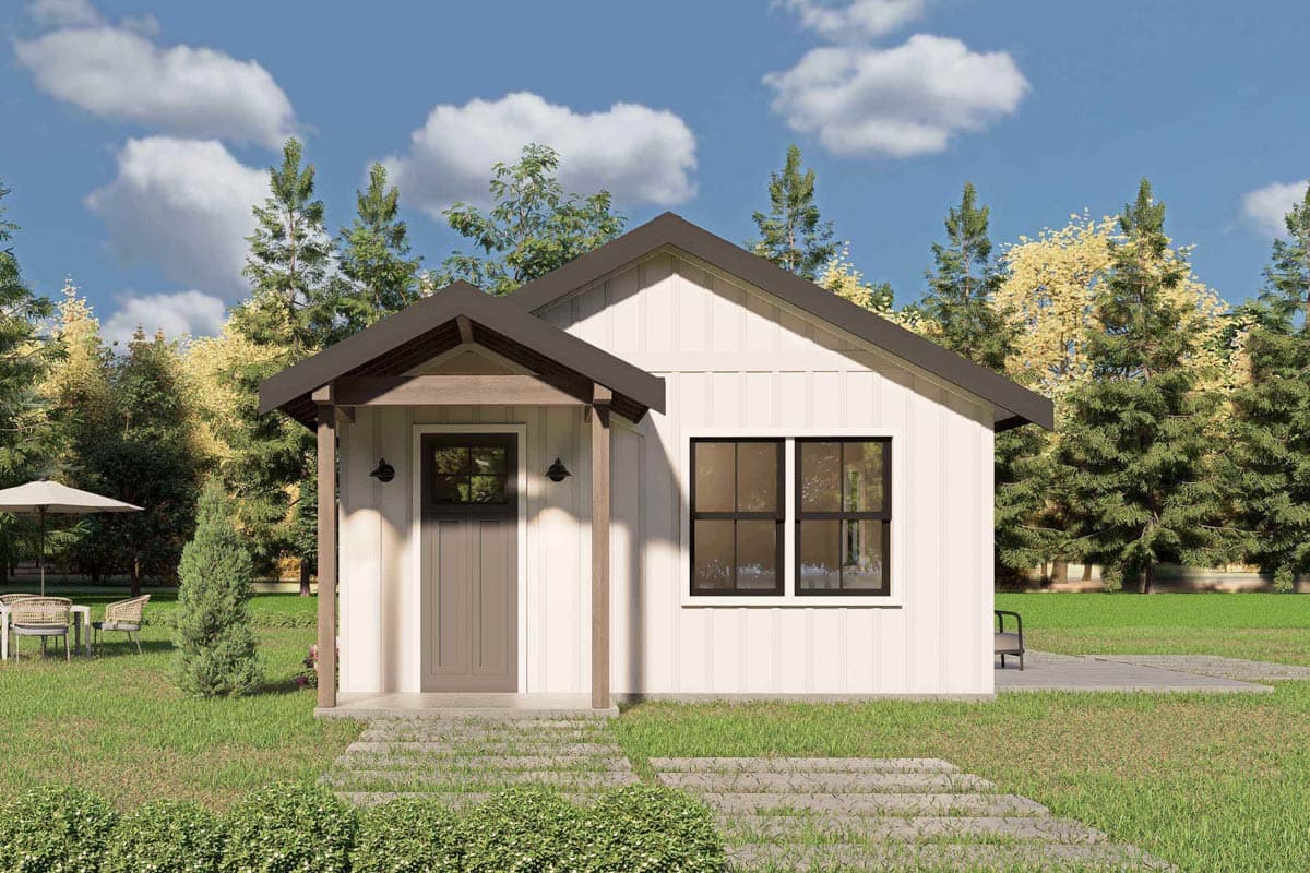 House plan exterior. One-story structure in modern farmhouse style. Features include a front porch, gabled roof, and board-and-batten siding.