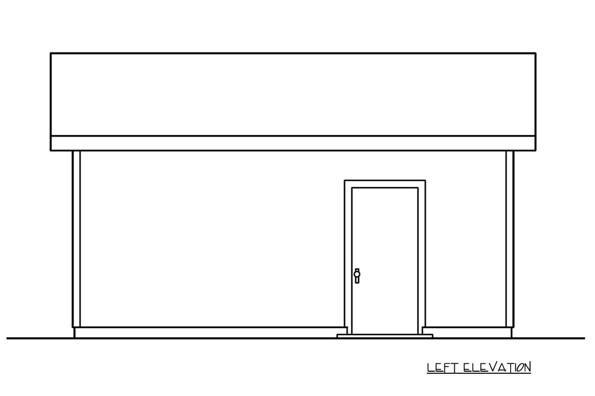 Left elevation drawing of a house plan showing a single-story structure with a flat roof and one door.