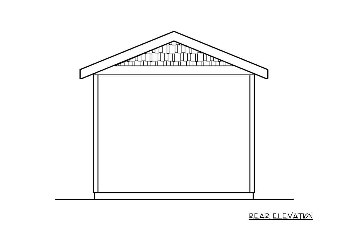 Rear elevation drawing of a house plan showing a gable roof with decorative shingle detailing on the pediment.
