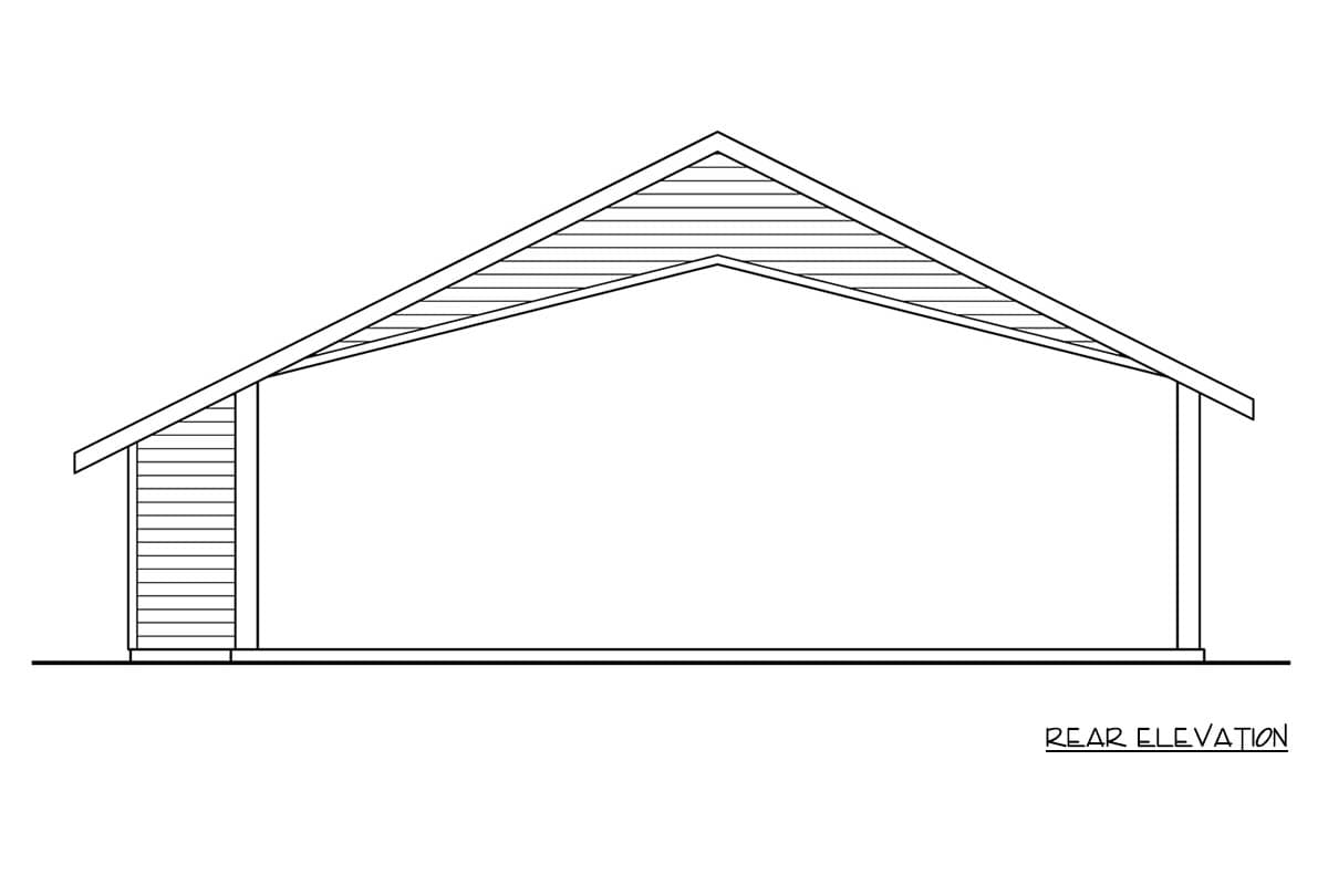 Rear elevation drawing of a house plan with a gable roof and horizontal siding.
