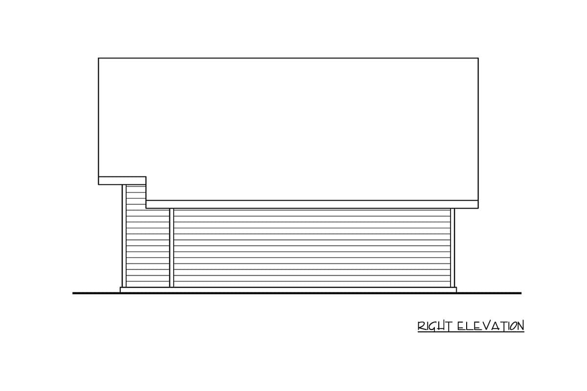 Right elevation drawing of a house plan with horizontal siding on the lower level and a stepped roofline.